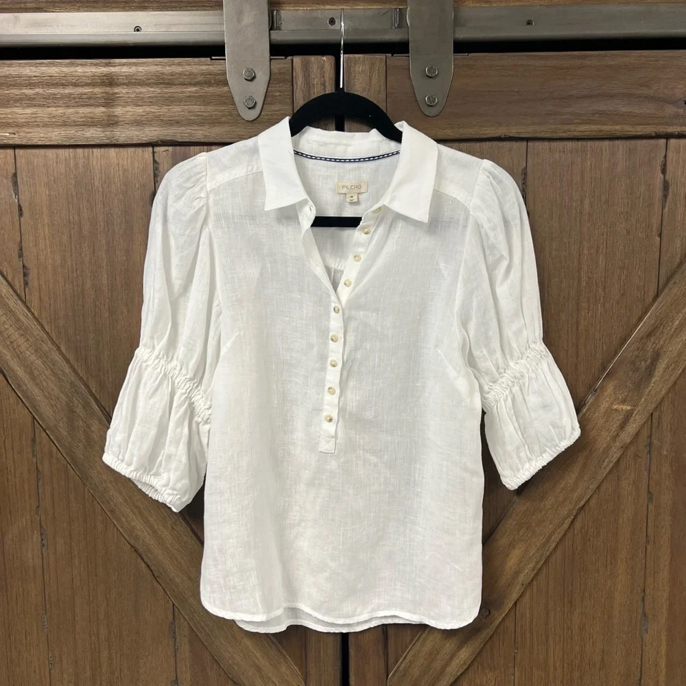 Pilcro by Anthropologie The Tallulah Linen Double Puff-Sleeve Blouse White Sz XS